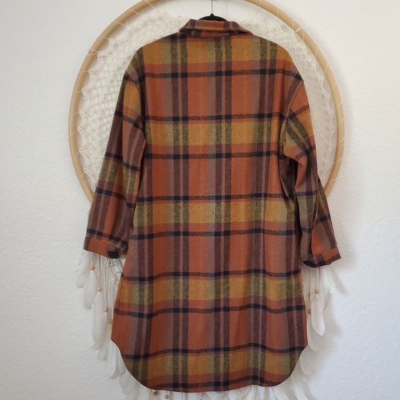 Flannel Shacket Long Plaid Oversized Brown Western Chore Cozy Medium - Picture 2 of 8